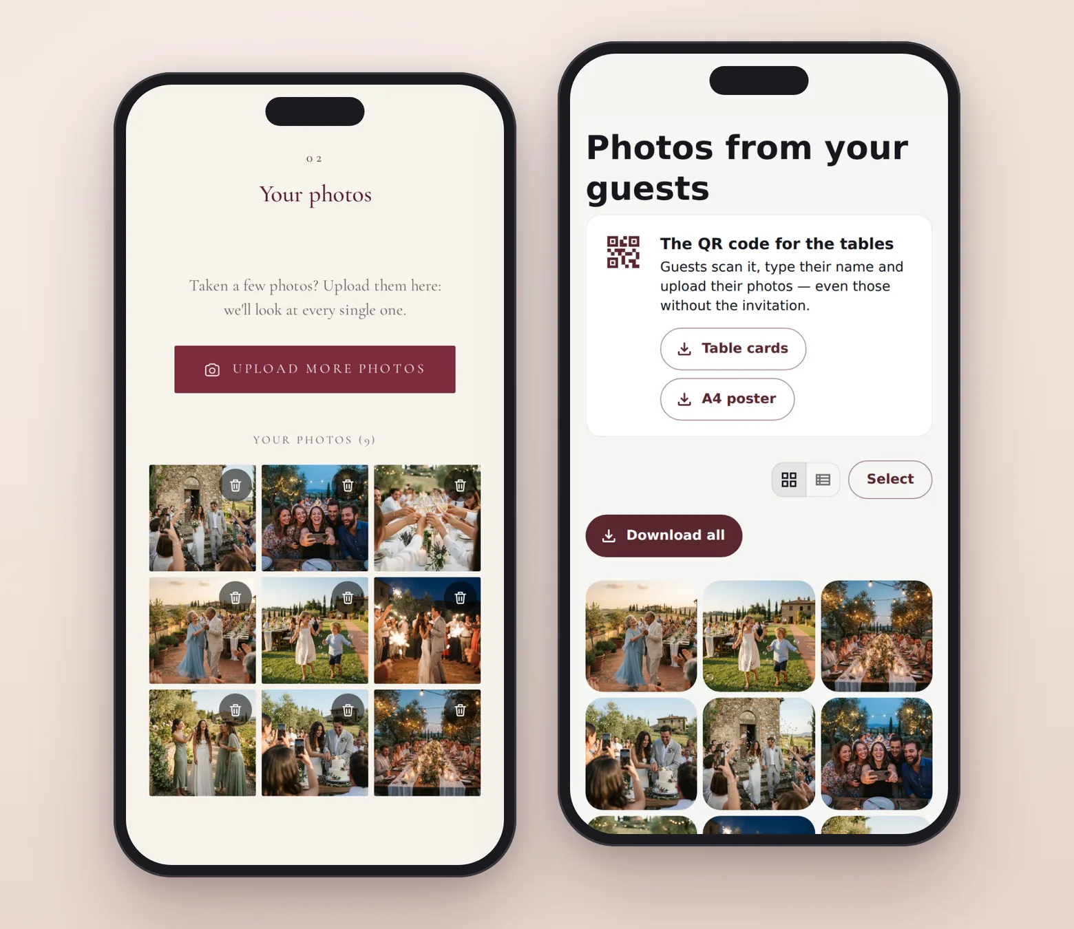 On the left, the invitation's “Your photos” section with the photos a guest uploaded; on the right, the couple's page with all the photos and the QR code for the tables.