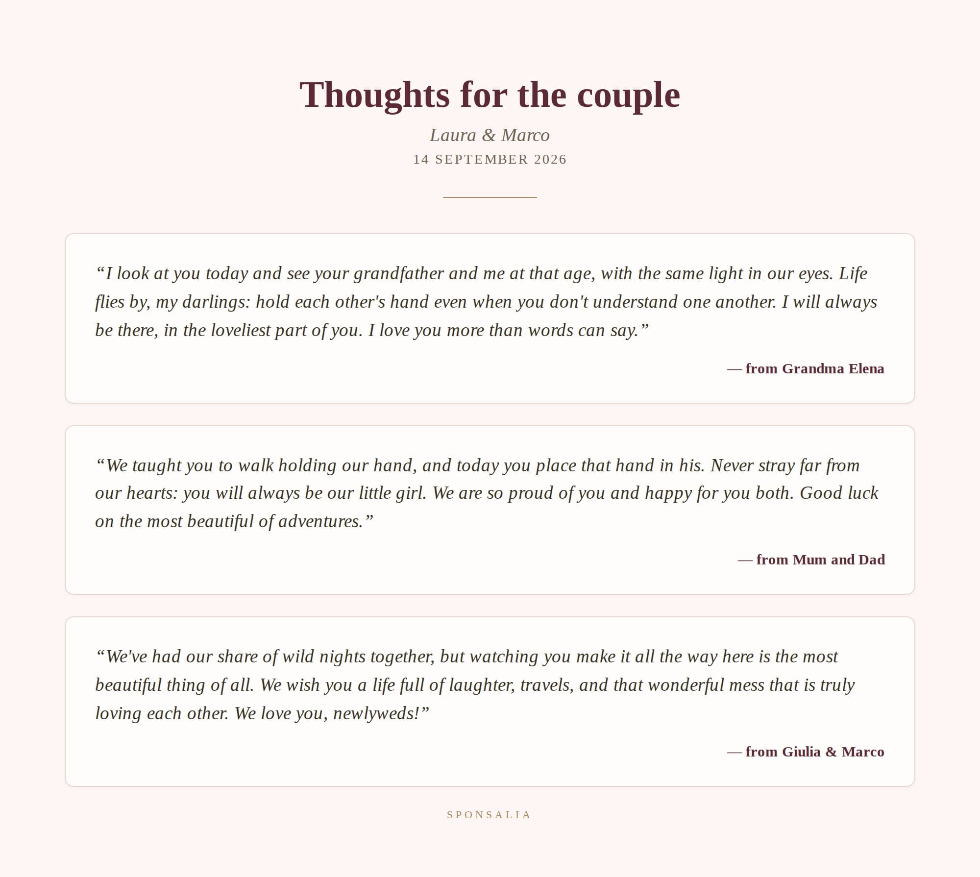 “Thoughts for the couple” PDF booklet with loved ones’ messages — Sponsalia
