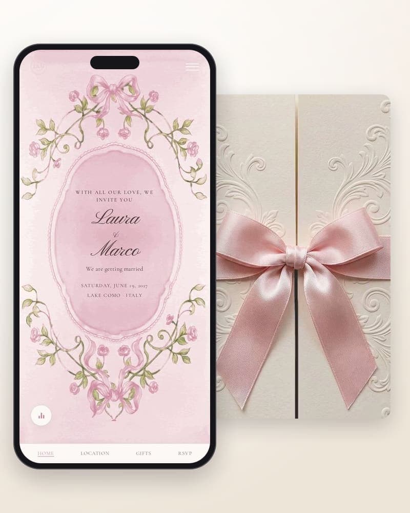Bloom — Coquette watercolour: ribbons, bows and roses around an oval cartouche.